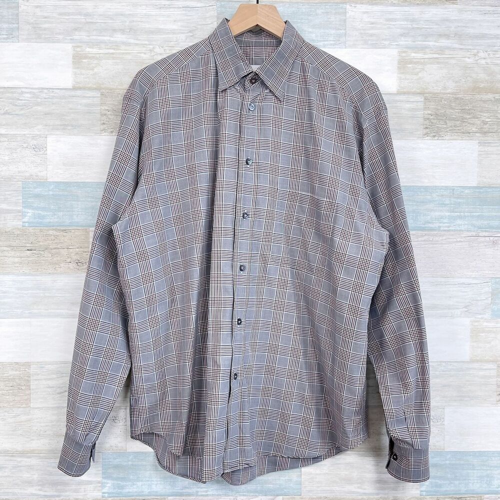 Brioni Dress Shirt Gray Brown Plaid Check Italy Mens Size V 17.5 17.75 XL EU 45